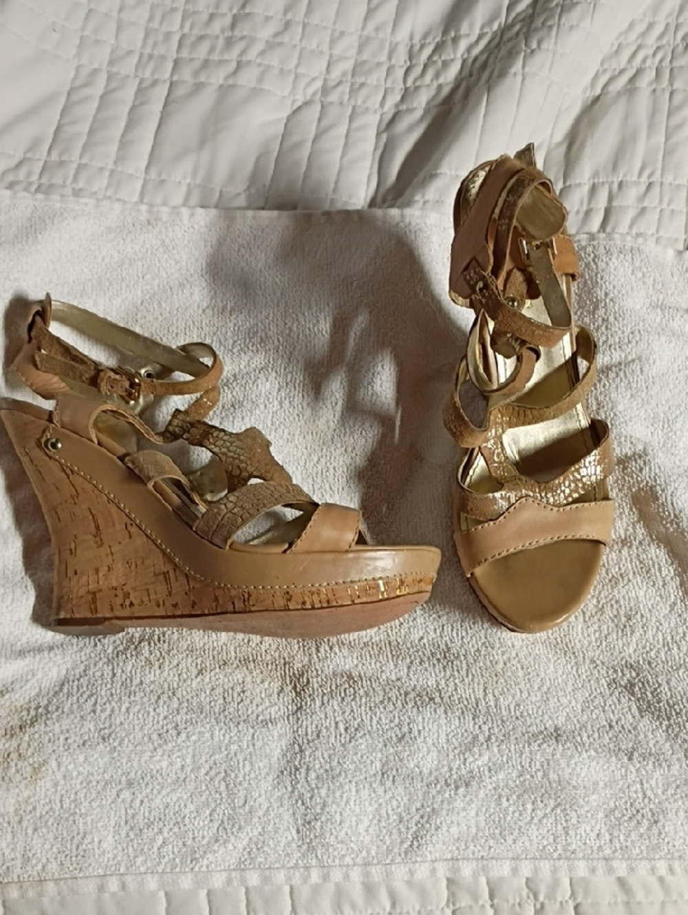 Guess Tan Cork Wedge Sandals with Strappy Ankle Wrap